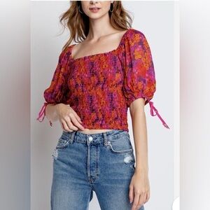 Free People Back On Top size S Smocked Floral Puff Sleeve Crop Top w Bead ties